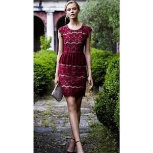 Anthropologie Maeve Lace Maroon Peplum Cocktail Dress sz Small